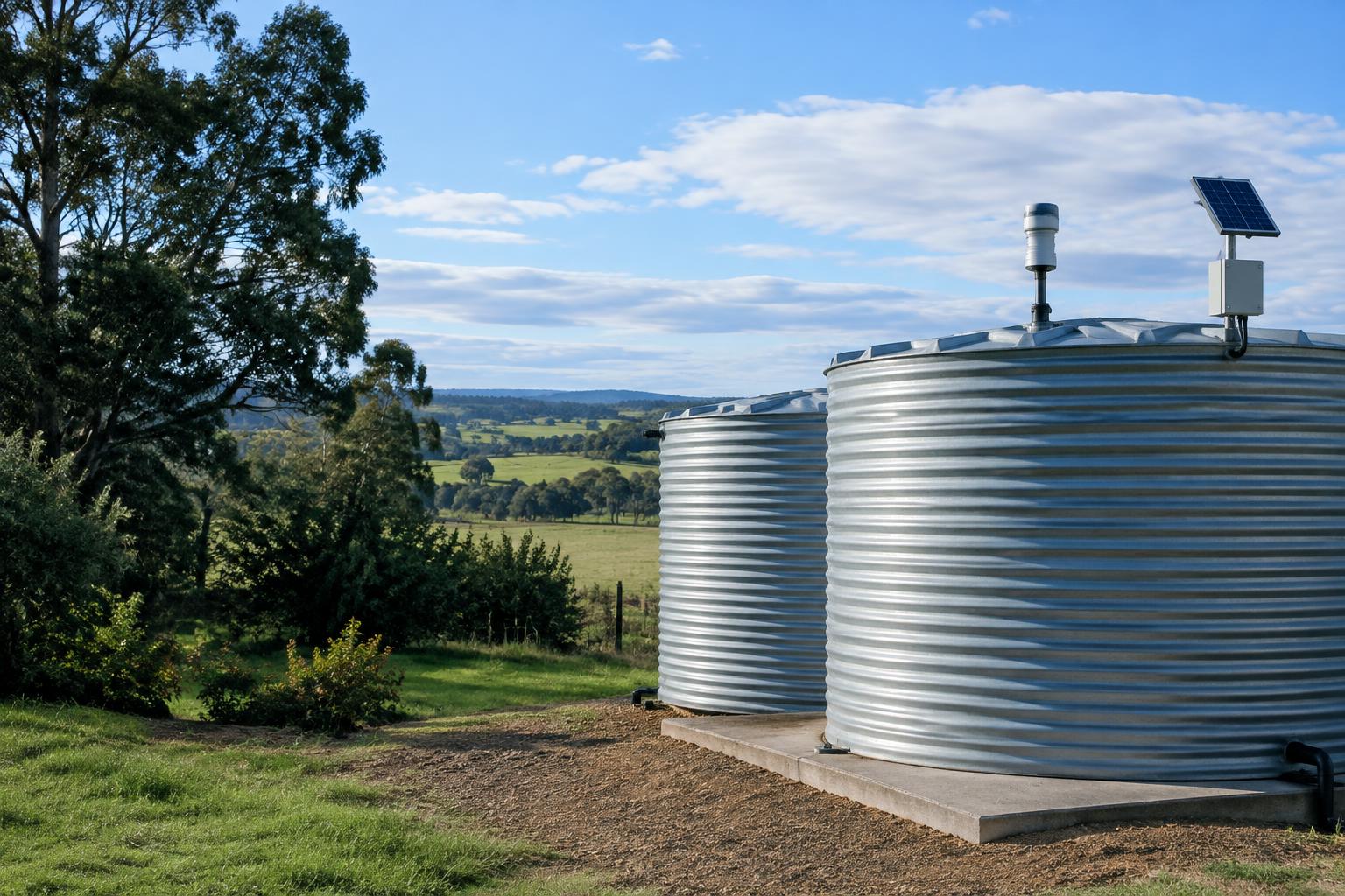 Illustrative rural water tanks with monitoring equipment