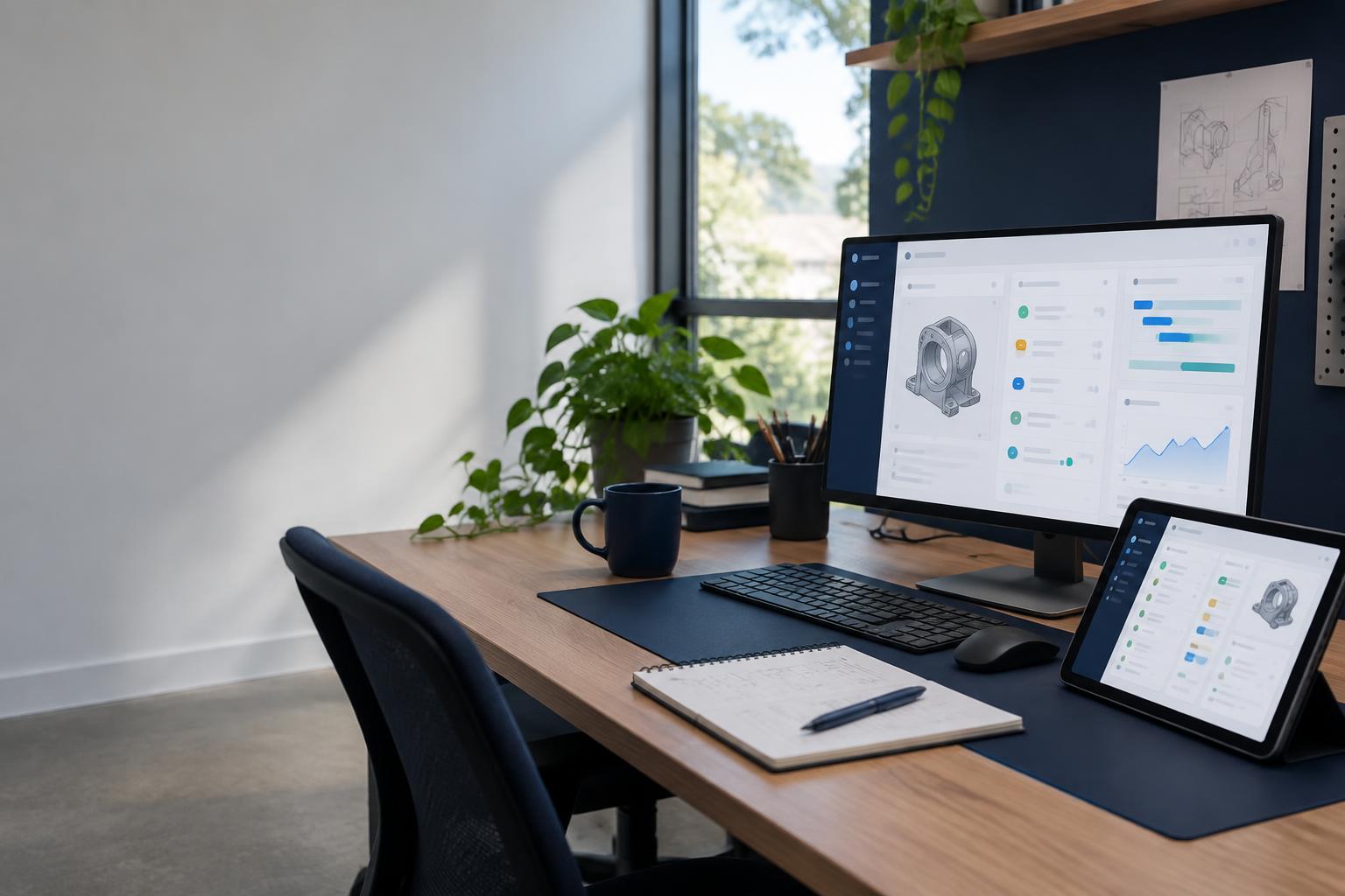 Illustrative studio workspace with desktop and tablet application screens